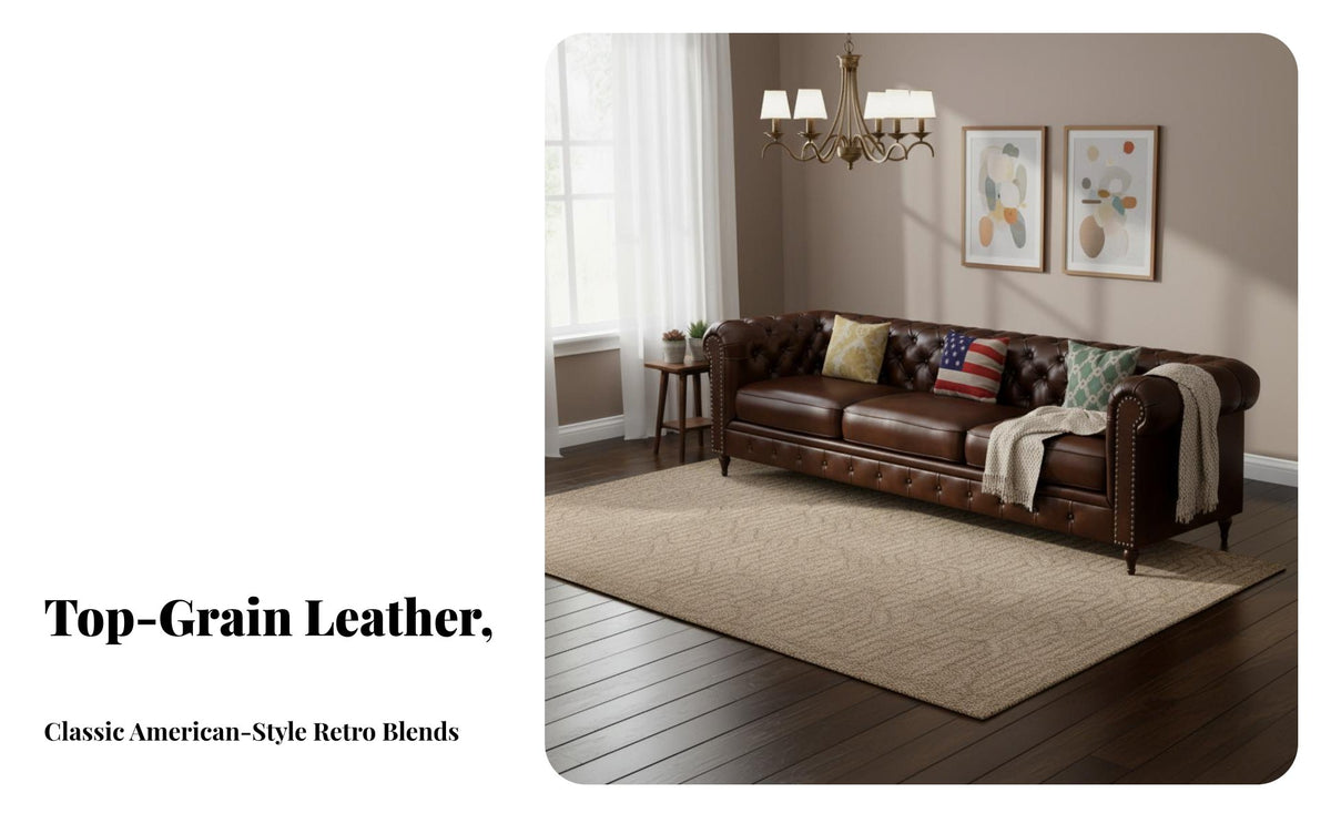 Tufted Leather Sofa Genuine Top-Grain Cowhide Couch Vintage Traditional design Indoor Furniture for Families, Adults, Living Room, Office Reception, Study