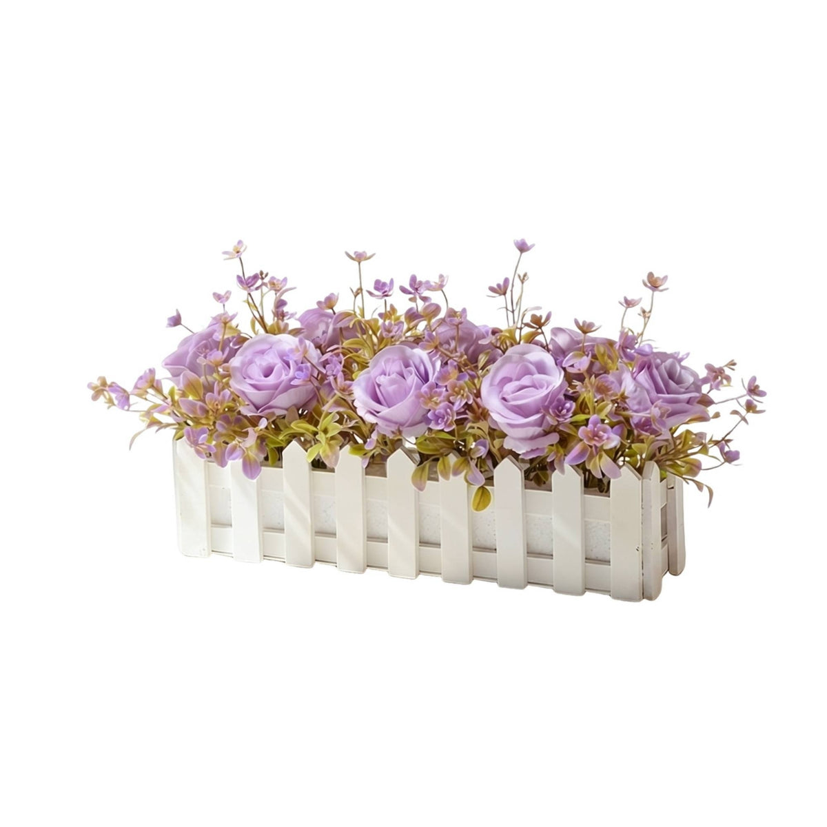 Wooden Planter Flower Decor Realistic Look No Watering Needed Faux Rose Centerpiece Wooden Picket Planter Decor for Tabletop Display