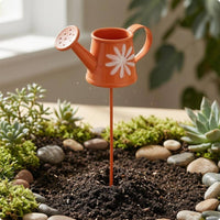Miniature Iron Watering Can Stake Curved Handle Mini Watering Can Decor Short Spout Flower Pattern Garden Stake Compact Size for Tabletop Micro-Landscape, Potted Plant