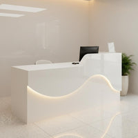 1 Cashier Desk Minimalist Modern Reception Counter Wide Desktop Checkout Table Engineered Wood Structure with High-gloss Finish Suitable for Retail Employees Business Owners Company Entrance
