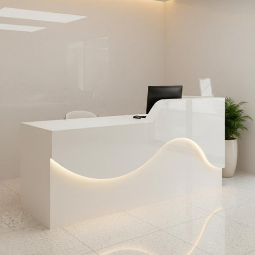 1 Cashier Desk Minimalist Modern Reception Counter Wide Desktop Checkout Table Engineered Wood Structure with High-gloss Finish Suitable for Retail Employees Business Owners Company Entrance