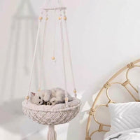 Cat Hammock Hanging Cat Chair with Cushion, Handmade Woven Macrame Basket Pet Cat Bed, Indoor Decor Fringe Suitable for Birman Cats