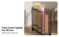 Space-Saving Exercise Mat Storage Rack Large Capacity Rolling Gym Storage Basket Long-Lasting Construction Home Gym Organizer on Wheels Breathable Design for Garage