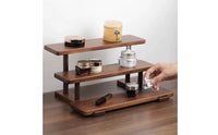 Vintage Style Three-Tier Wooden Rack Stepped Design Wood Display Rack Rounded Corners Walnut Wood Shelf Polished Finish for Tabletop