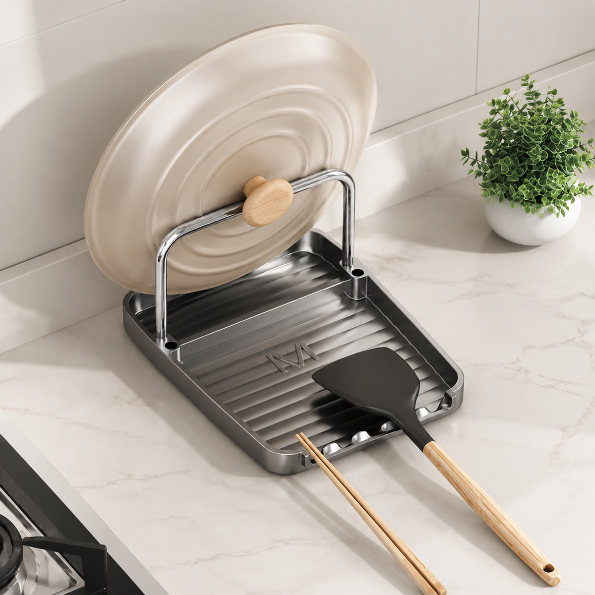 Spoon & Lid Holder, With Plastic Drip Tray, Space-Saving Temporary Placement During Cooking
