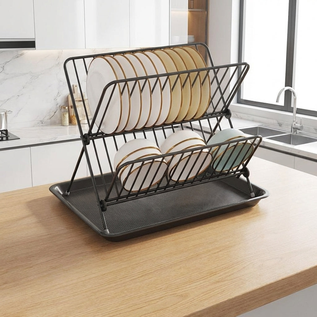 Dish Drying Rack and Drainer Rack, Foldable Carbon Steel X-Shaped Dish Drainer, Space-Saving Kitchen Dish Rack with Drip Tray for Modern Counter