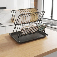 Dish Drying Rack and Drainer Rack, Foldable Carbon Steel X-Shaped Dish Drainer, Space-Saving Kitchen Dish Rack with Drip Tray for Modern Counter