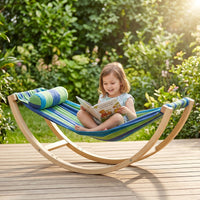 Rocking Hammock with Stand Striped Wooden Hammock Swing Curved Rocking Swing Chair for Kids, Young Children, Playroom, Balcony, Nursery