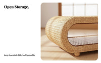 Japanese design Woven mat Table Low height Floor Desk Minimalist Design Indoor Furnishing Space Saving for Minimalists, Home Decorators, Bay opening, Balcony, Small Apartments, Living Room
