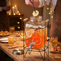 Water Dispenser Glass Jar Drink Dispenser with Metal Stand, Thickened Glass Water Container with Stainless Steel Spigot for Chilled Drink