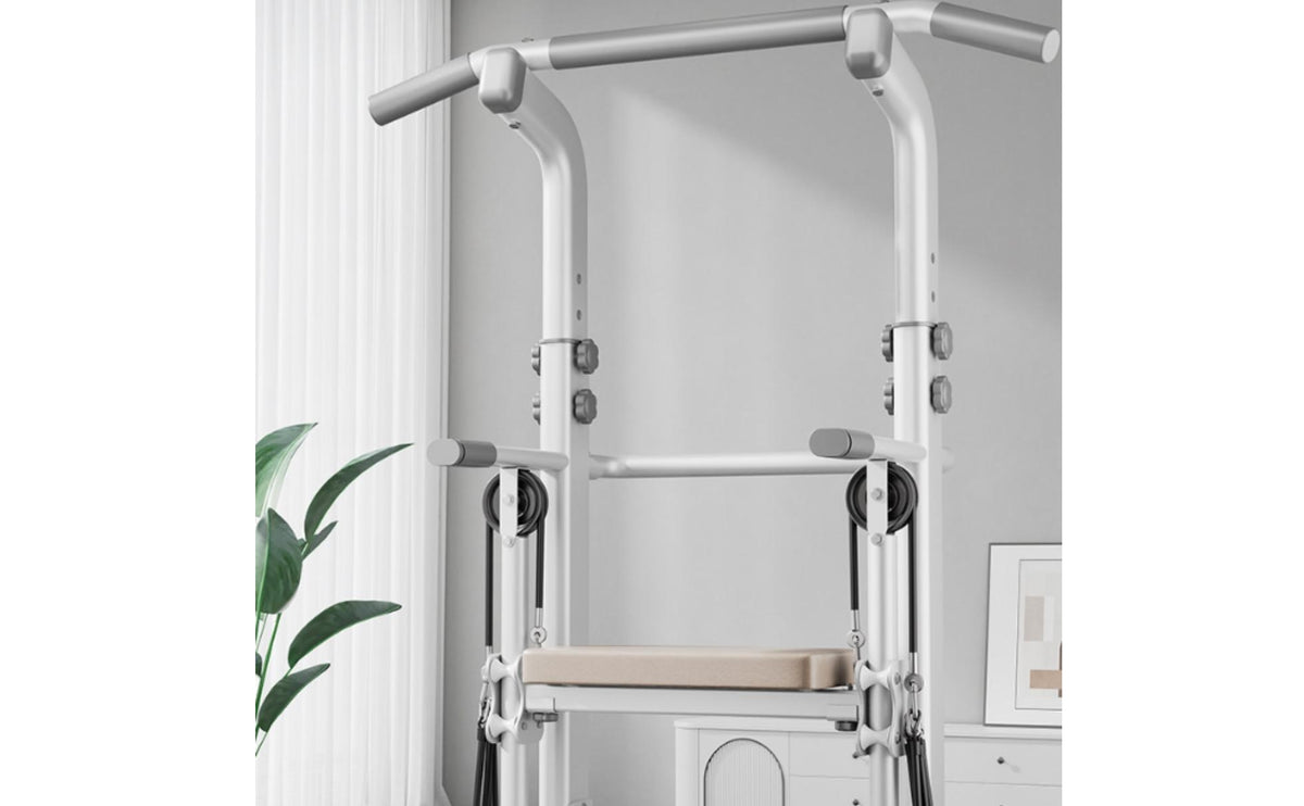 Strength Station with Padded Backrest Adjustable Height Freestanding Strength Station Heavy Duty Pull up Bar with Resistance Straps for Garage
