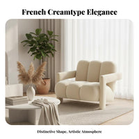 French Cream aesthetic Oversized Single-Person Sofa Modern Minimalist Upholstered Tub Chair Plush Fabric Indoor Seating Curved supportrest for Interior Design aficionados, Book Lovers, Living Room, book perusal alcove, Bedroom, Apartment