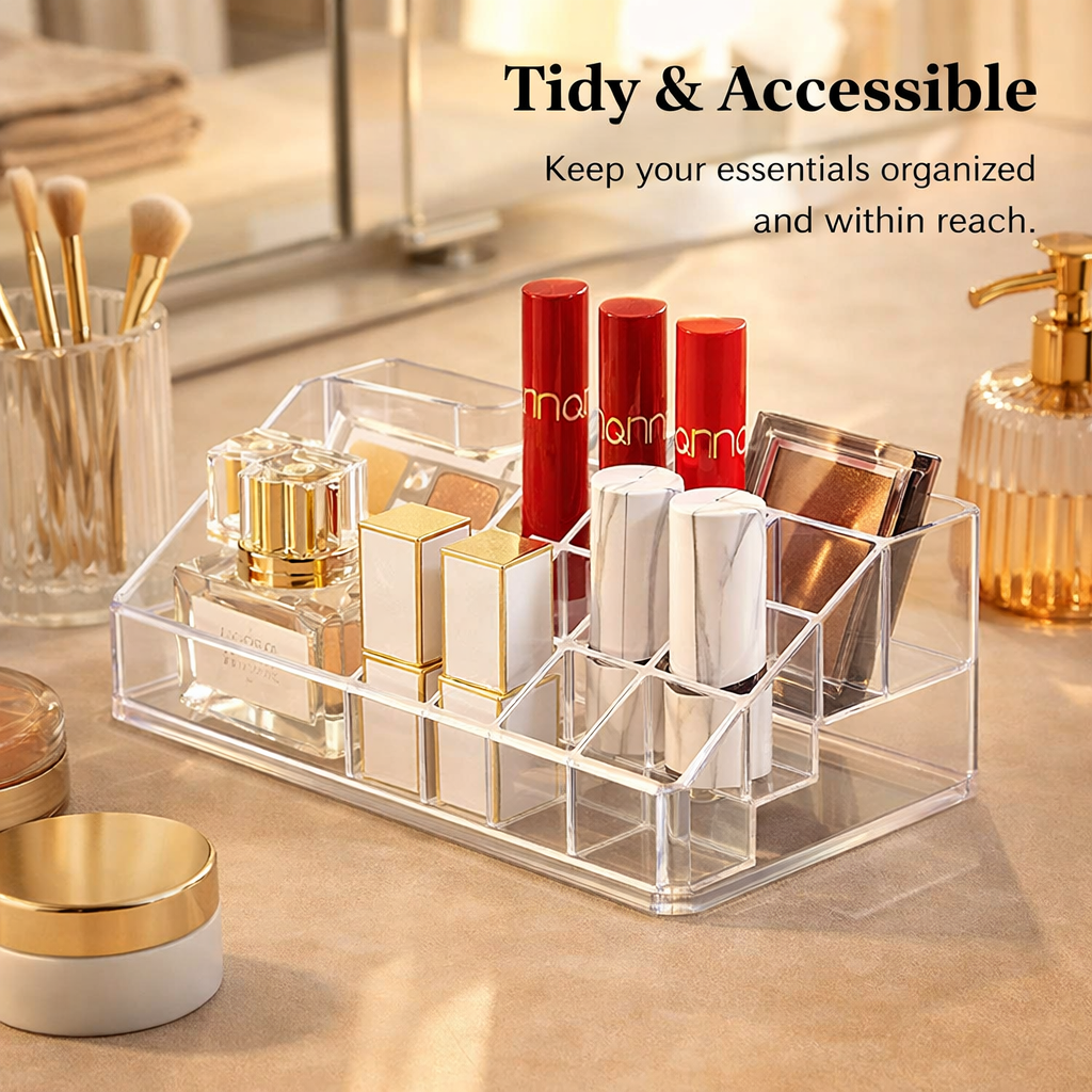 Clear Acrylic Lipstick Organizer, Cosmetic Storage Box Multi Compartment, Vanity Table Makeup Desk Display, Dressing Accessories for Women