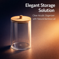 Swab Holder with Bamboo Lid, Transparent Cosmetic Storage Box, Bathroom Vanity Organizer for Makeup, Round Desktop Container