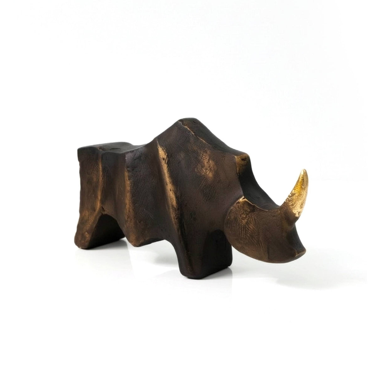 Rhinoceros Sculpture Geometric Rhino Statue Rustic Sculpture with Golden Horned for Bookshelf, Office, Living Room
