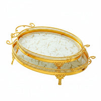 Openwork Rim Oval Metal Serving Tray Curled Handles Gold Oval Tray Marble-Like Pattern Home Accessory Patterned Border for Tabletop Display
