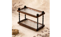 Dark Brown Two-Tier Storage Rack Textured Tabletop Tray Rack Twisted Posts Wooden Tray Organizer Clear for Desk, Vanity, Entryway