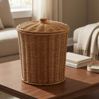Fitted Lid Lidded Storage Basket Cylindrical Round Rattan Basket Natural Tan Home Organizer Loop Knob