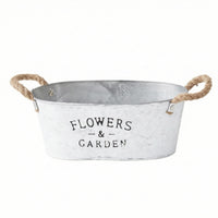 Farmhouse Metal Planter with Rope Handles Rustic Planter with Rope Handles Whitewashed Metal Flower Pot Distressed for Entry Table, Desk, Windowsill, Shelf