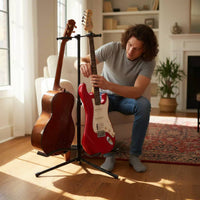 Stable Tripod Base Double Guitar Floor Stand Foldable Design Double Guitar Stand Adjustable Height Musical Instrument Accessory Padded Yokes for Guitarists, Musicians, Home Studio, Practice Room, Stage