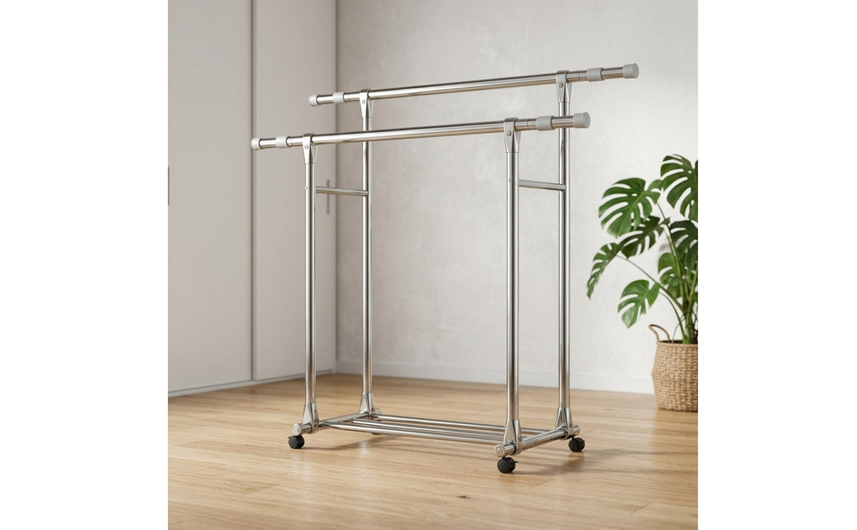 Clothes Rack with Shoe Shelf Extendable Double Rail Clothes Rack Heavy Duty for Bedroom, Laundry Room, Balcony