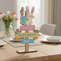 Colorful Wooden Easter Table Decor Handmade Easter Bunny Table Decor Rustic Wood Material Vernal Holiday Sign Freestanding for Children, Party, Mantelpiece, Classroom