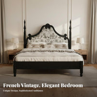 French Country Design Bed Sturdy Construction Black Carved Wood Bed No Box Spring Needed Antique Wooden Headboard for Couples, Newlyweds