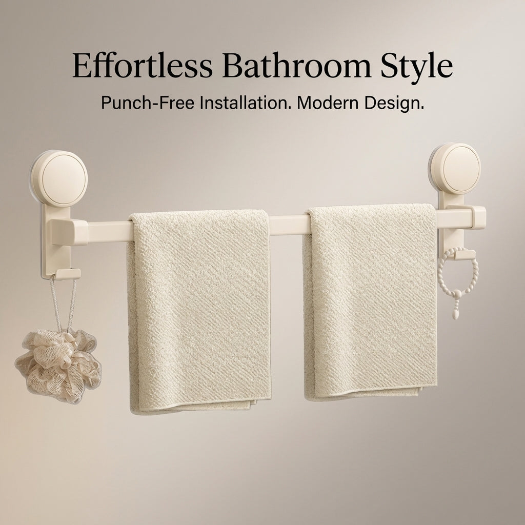 Towel Bar Wall Mount Rack, Double Bar Iron Organizer for Bathroom & Kitchen, No Drill Suction for Rental Property, for Homeowners