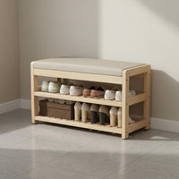 Multi-Functional Shoe Changing Stool with Coat Hanger Solid Wood Coat Rack with Shoe Storage Space Saving Household Furniture Heavy Duty for Hallway