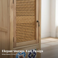 Retro design Rattan Door Cabinet Modern Design 2-Door Rattan Cupboard Multi-Purpose Sideboard Multifunctional for Apartment Dwellers, Homeowners, Families, Living Room, Entryway, Hallway, Bedroom