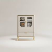 Side Cabinet with Glass Doors Modern Cabinet with Glass Doors Compact Credenza with Drawer for Living Room, Small Areas