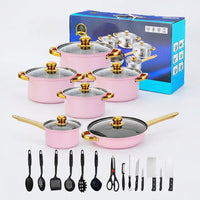 Induction Hob Stainless Steel Pan Set for Family Cooking, 12-Piece Pots and Pans Set with Gold Handles, Durable Stainless Steel Pot, Milk Pan