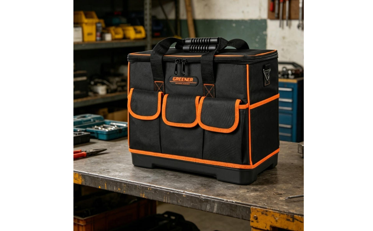 Oxford Textile 18 Inch Tool Bag Black and Orange Hard Bottom Tool Bag Flat-Lid Design Portable Storage Reinforced Handle