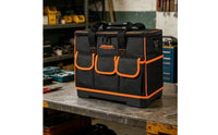 Oxford Textile 18 Inch Tool Bag Black and Orange Hard Bottom Tool Bag Flat-Lid Design Portable Storage Reinforced Handle