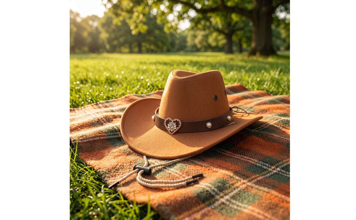 Cowboy Hat with Heart Ornament Decorated Western Hat with Chin Cord Wide Brim for Girls, Young Children, Dress-up, Costume Parties, Photo Shoots