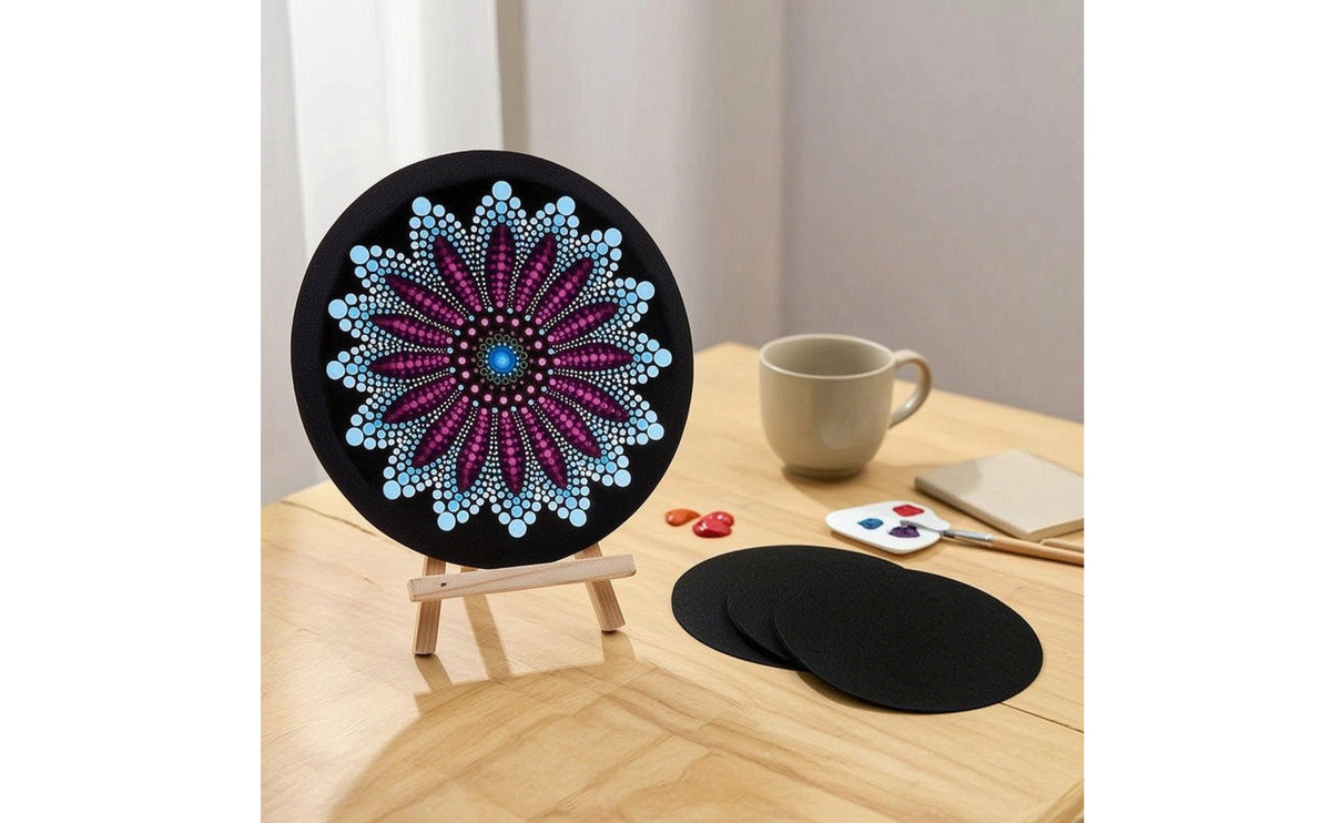 5 Pieces Round Art Board with Easel Circular Black Painting Board with Mini Easel Cardboard Canvas Wooden Compact for Artists