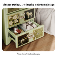 Formaldehyde-Safe Patterned 3-Drawer Chest Retro Design Nightstand Large Capacity Storage Cabinet Sturdy Structure for Vintage Aesthetic Enthusiasts, Home Decorators, Bedroom, Bedside, Living Room, Entryway