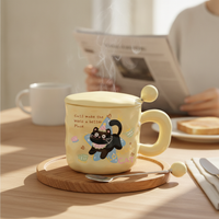 Cute Cat Ceramic Mug with Lid and Spoon, 400ml Coffee Tea Cup, Novelty Gift for Friends and Office