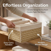 Lined Toy Storage Basket, Paper Rope Woven Storage Basket for Shelves, Rectangular Colour Block Organiser with Cut-Out Handles