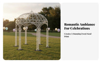 Grand Centerpiece Large 6-Pillar Wedding Dome Detachable Frame White Metal Pavilion Elegant Scrollwork Design Domed Iron Gazebo for Venue Owners, Couples, Garden Parties, Photo Backdrops