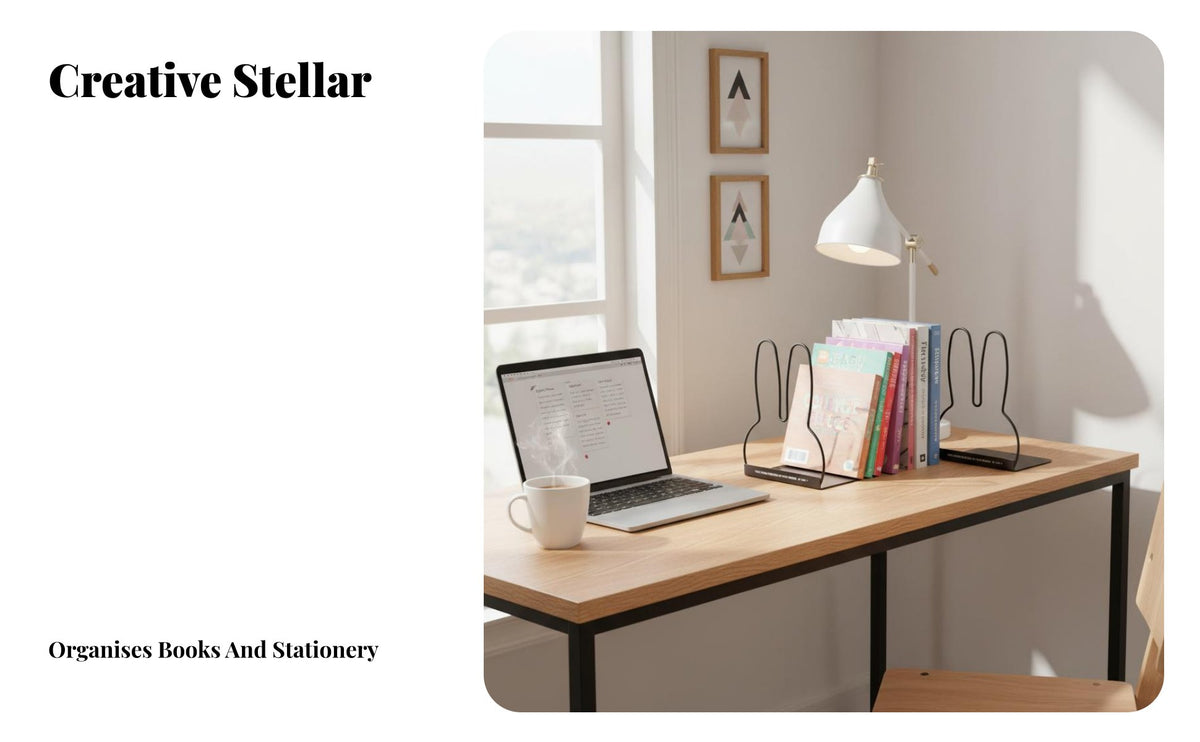 Desktop Book Holder Creative Design Minimalist Book Stand Space Saving Metal Wire Bookend for Students, Teenagers, Study Room, School, Bookshelf