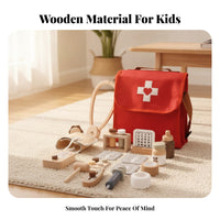 Cloth Wooden Doctor Backpack Set Carrying Handle Pretend Medical Role-Play Toy Flap Closure Wooden Medical Play Set Matching Accessories for Preschoolers