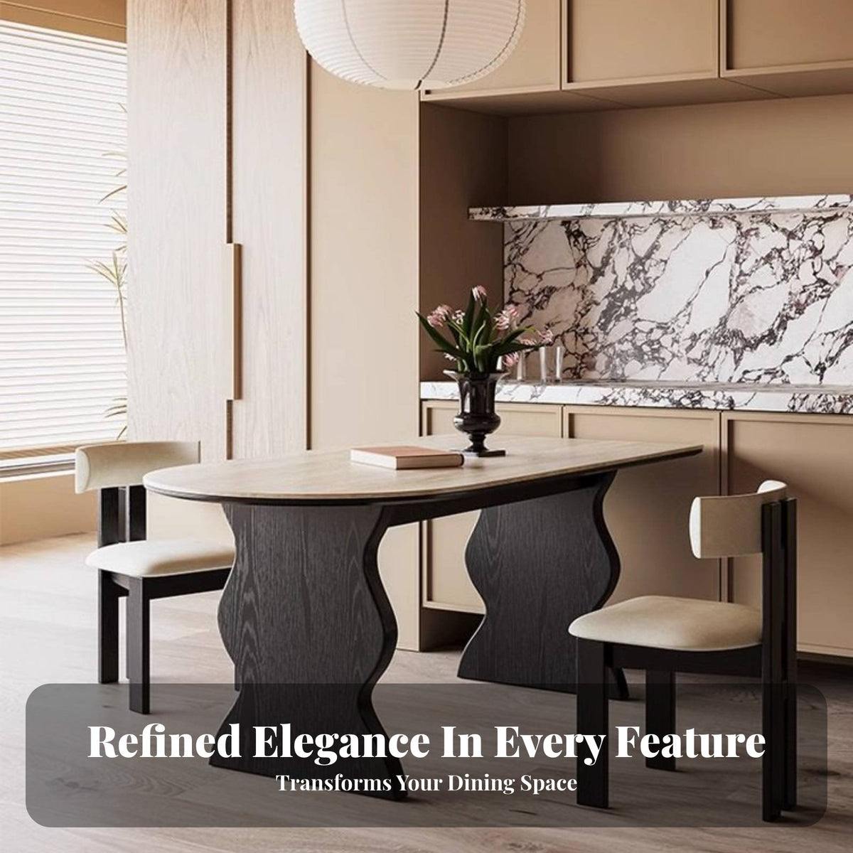 Sintered Stone Top Sculptural Base Dining Set sturdy Wood Construction Kitchen Table Group century modernera Modern aesthetic Home Furniture Easy to Clean for Homeowners, Families, Hosts, Restaurant