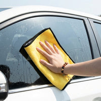 Double Sided Car Drying Towel and Coral Fleece Car Drying Towel, 32 Ply Gray and Yellow Car Cloth, Shedding Resistant Plain Weave for Detailing