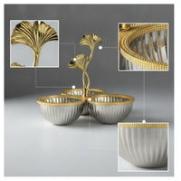 Tabletop Dish with Ginkgo Foliage & goldenTone Snack Bowl with Leaf Topper Ribbed for Home Entertaining