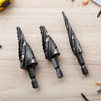 3 Pieces Imperial Sizes Step Drill Bit Set Black Oxide Finish Spiral Flute Step Drill Chip Clearing for Sheet Metal, Metalwork, Workshop