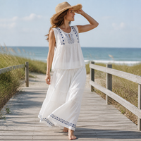Matisse's Coast French Vintage Nautical Embroidered Floral Two-Piece Set for Women