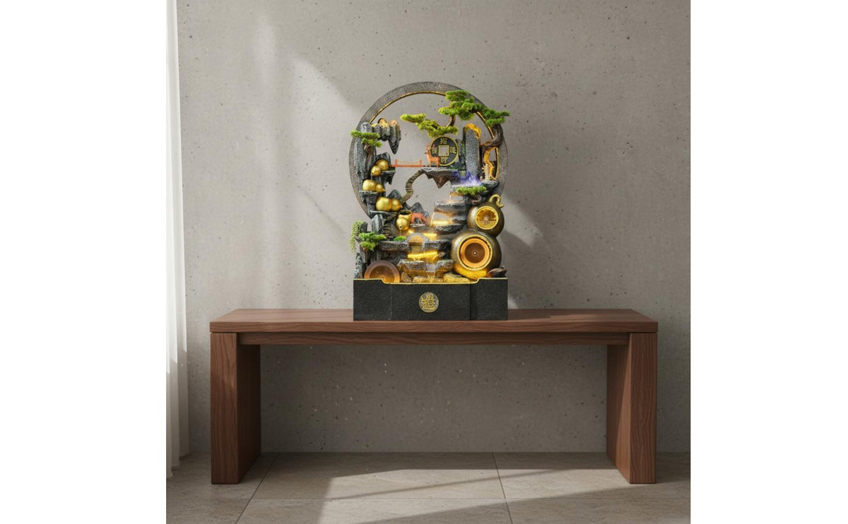 Feng Shui Design Indoor Waterfall Fountain Built-in Aquarium Freestanding Water Curtain Wall LED Rockery Fountain for Business Owners, Living Room, Hotel Lobby, Entryway, Restaurant