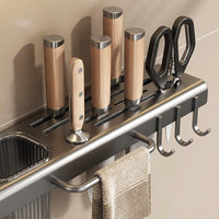 Cutlery Organizer Made of Carbon Steel for Countertop or Wall Mounted Use, Kitchen with Hooks and Towel Bar for Chefs