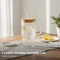 Lidded Glass Cup with Straw Large Capacity Glass Tumbler with Handle Transparent Body Drinkware for Office Workers, Students, Home, Daily Use, Kitchen